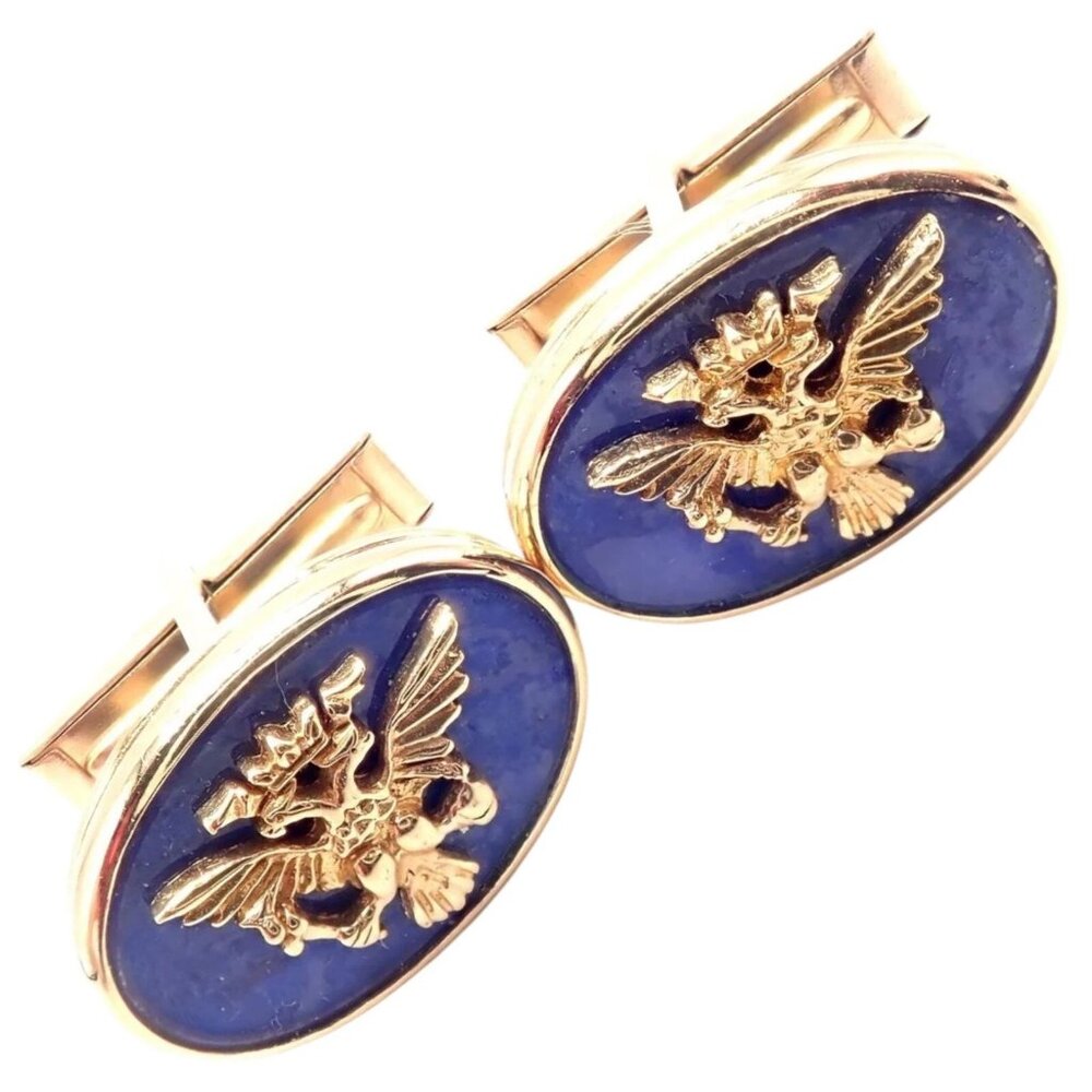 Authentic! Franklin Mint Faberge Imperial Eagle 14k Yellow Gold Lapis Cufflinks
